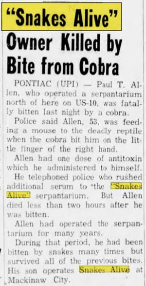 Snakes Alive - Aug 1961 Article On Death Of Owner (newer photo)